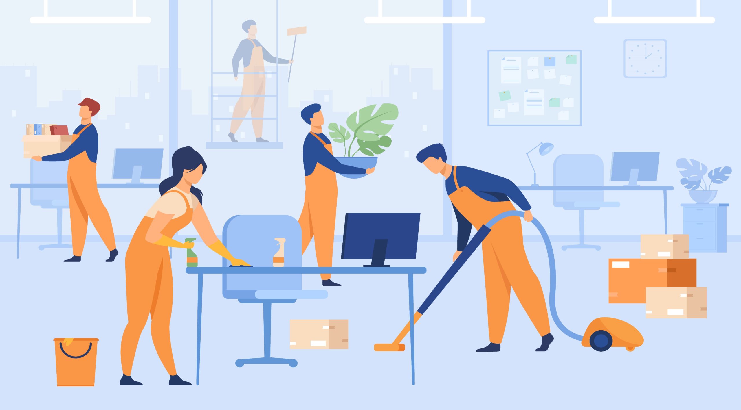 professional janitors working in office